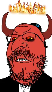 gapejak, mustached gapejak, 1soyjak, angry, beard, clothes, demon, demon horns, fire, glasses