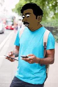 pajeetjak, almost full body, backpack, big eyes, black hair, black skin, blue shirt, brown skin, chin, double chin