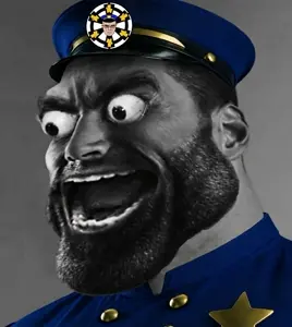 gigachad, chudjak, chudjak front, beard, big eyes, buff, clothes, gray skin, hat, no glasses