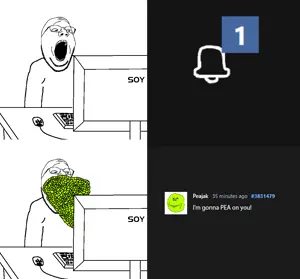 gapejak, impish soyak ears, wholesome soyjak, booru notification, 2soyjaks, arm, computer monitor, computer mouse, green skin, half body