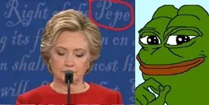 pepe, 2016, amphibian, animal, big lips, black eyes, english text, female, frog, hand