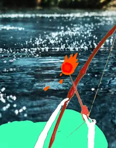 arrow, bow, fire, fire arrow, front view, lake, lily, sand, shitty drawing, uncolored skin