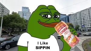 pepe, about to drink, alcohol, big lips, black eyes, blue sky, building, car, cars, city