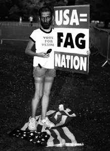 der coomer, gigachad, black hair, closed mouth, english text, faggot, female, flag, full body, girl