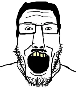 markiplier soyjak, anglomutt, 1soyjak, beard, black hair, forehead lines, front view, glasses, hair, long nose