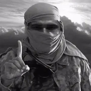 gigachad, animated, arm, balaclava, book, camouflage, clothes, devil's quran, eyebrows, gigajihad