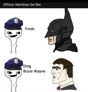 batman, brainlet, officer martinez, yes chad, 4nas, armor, bat, brown eyes, brown hair, cop