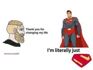 superman, yes chad, beard, blonde beard, blonde hair, closed mouth, clothes, dc comics, gray eyes, hair