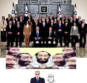 happy merchant, chudjak, markiplier soyjak, chudjak front, muscular chud, neutralplier, 2soyjaks, angry, beard, benjamin netanyahu