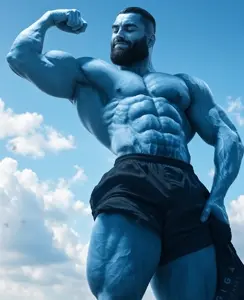 gigachad, almost full body, beard, black hair, blue background, blue skin, bottom view, buff, calm, closed eyes