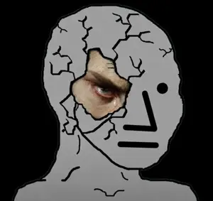 npc wojak, wojak, bald, black background, black eyes, break, crack, eye, gray skin, looking at you