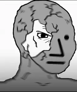 npc wojak, wojak, angry, break, closed mouth, crack, gray skin, no beard, npc, open eyes