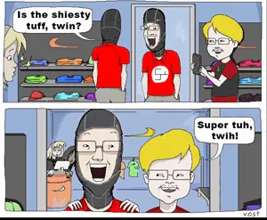 nate higgers, chudjak, chudjak front, natejak, 'toss, 2soyjaks, almost full body, blonde hair, cartoon, comic