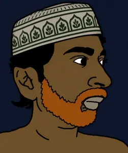 pajeetjak, 1soyjak, beard, black hair, blue background, brown eyes, brown skin, bushy eyebrows, closed mouth, hair