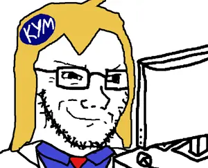 soyak, soyak (smug), badge, blonde hair, closed mouth, clothes, computer, female, glasses, hair