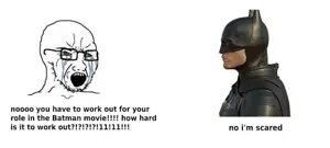 batman, soyak, soyak (crying), 1soyjak, angry, bald, bloodshot eyes, crying, glasses, looking to the right
