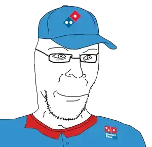 ron, 'za, 1soyjak, bald, blue shirt, cap, closed mouth, clothes, domino, dominos pizza