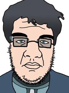 kazakh soy, karajak, 1soyjak, blue clothes, bushy eyebrows, closed mouth, clothes, fat, glasses, gray hair