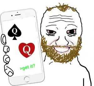 coomer wojak, wojak, ace of spades, beard, black eyes, brown hair, coomer, front view, gooner, greentext