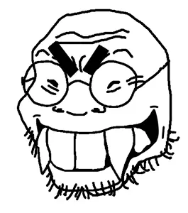 soykio kid, 1soyjak, bald, black eyes, evil smile, face, fangs, glasses, half closed eyes, half open mouth