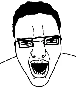 chudjak, chudautist, angry, autist, big lips, black hair, bushy eyebrows, chud, front view, glasses
