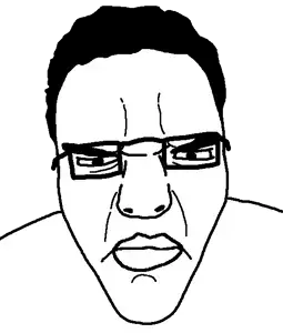 chudjak, chudautist, angry, autist, big lips, black hair, bushy eyebrows, chud, closed mouth, front view