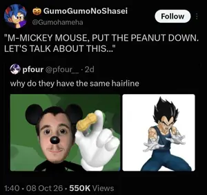 mickey mouse, vegeta, commiejak, 1soyjak, almost full body, anime, black eyes, black hair, buff, closed mouth