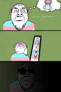 bernd, troonjak, hell yeah thats me, 4soyjaks, back view, closed mouth, comic, covered eyes, drawn background, frown