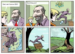 4chan meme, beard, black hair, blonde hair, brown eyes, clothes, drawn background, full body, hair, half body