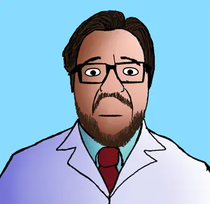 rafaeljak, 1soyjak, beard, black eyes, blue background, brown hair, chubby, closed mouth, clothes, doctor