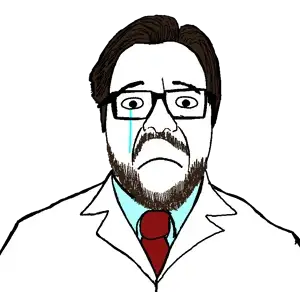 rafaeljak, 1soyjak, beard, black eyes, brown hair, chubby, closed mouth, clothes, doctor, eyes