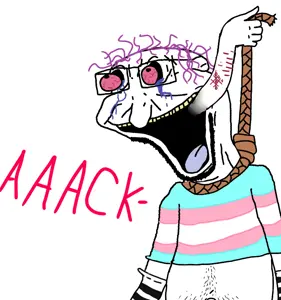 fake peppino, disturbingjak, 1soyjak, ack, almost full body, bloodshot eyes, crying, dead, fat, flag