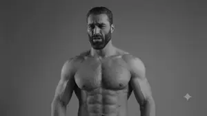 gigachad, 1nas, angry, beard, black eyes, black hair, buff, disgusted, front view, frown