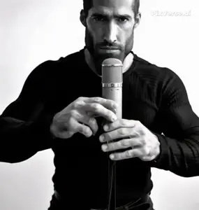 gigachad, anonymous, beard, black eyes, black hair, black shirt, buff, burp, front view, gray skin