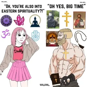 wojak, yes chad, beard, buff, christianity, closed mouth, cross, female, hair, jesus christ