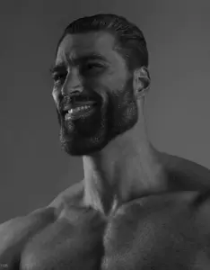 gigachad, beard, black eyes, black hair, budgie, budgies, buff, closed mouth, ear, ears