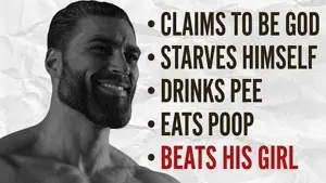 gigachad, gigachaded, 1nas, beard, black text, buff, english text, front view, gray hair, gray skin