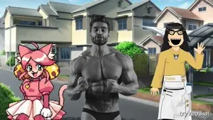 gigachad, pink (deltarune), soychang, soytan, my very best friends, beard, black and white, black hair, cat ears, catgirl