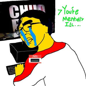 chudjak, zoomer on computer, 'p, 💢, 😭, 😭💢, 1soyjak, 3d text, back view, black hair