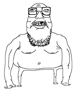 fat engineer soyjak, 1soyjak, arm, bald, black eyes, fat, front view, full body, glasses, grin