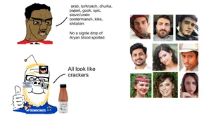 a24 slowburn soyjak, chudjak, 2soyjaks, arab, blonde hair, blue eyes, brown skin, closed mouth, drink, face