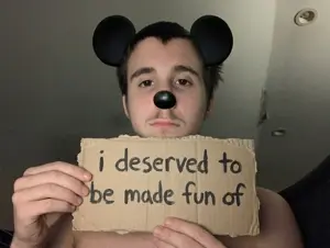 mickey mouse, commiejak, mickey, brown eyes, brown hair, cardboard, closed mouth, front view, hair, half body