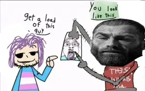 gigachad, bernd, troonjak, gigachaded, 1soyjak, almost full body, beard, black eyes, braids, buff