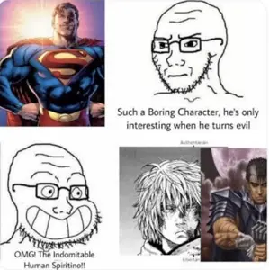 guts, superman, soyak, so true!, calarts, 2soyjaks, bald, black eyes, closed mouth, frown