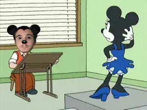 mickey mouse, minnie mouse, artist, big eyes, disney, drawn background, dress, full body, glove, gloves