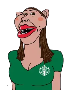 impish soyak ears, ameribimbo, impish amerimutt, amerimutt, femjak, 1soyjak, breasts, brown eyes, brown hair, chubby