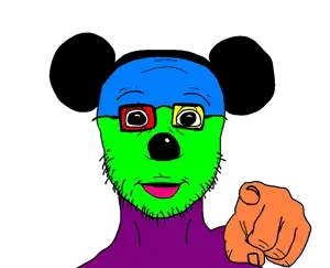 mickey mouse, mousejak, colorjak, 1soyjak, bald, black eyes, commie, disney, large eyes, looking at you
