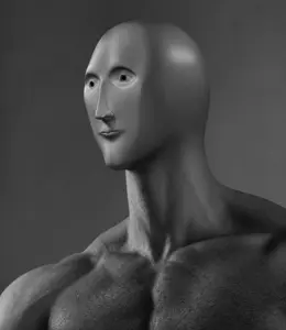 gigachad, meme man, bald, buff, closed mouth, gray background, gray skin, neutral, no beard, open eyes