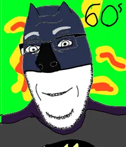 batman, cobson, nucob, 1soyjak, adam west, black clothes, drawn background, glasses, green background, grin