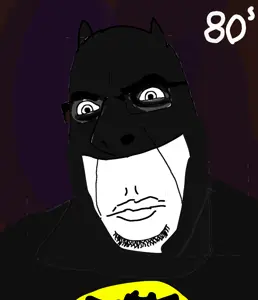 batman, cobson, 1soyjak, batman logo, black background, black clothes, closed mouth, drawn background, face mask, glasses